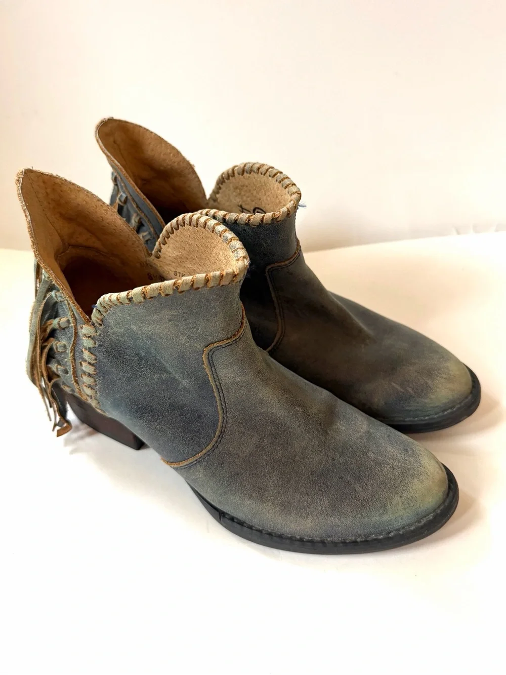 Corral Circle G Leather Distressed Blue Side Fringe Heeled Ankle Bootie Sz 8.5 M